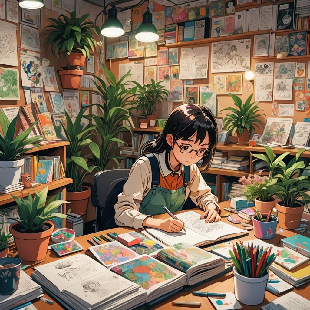 Girl's Manga Desk Scene with Vibrant Clutter