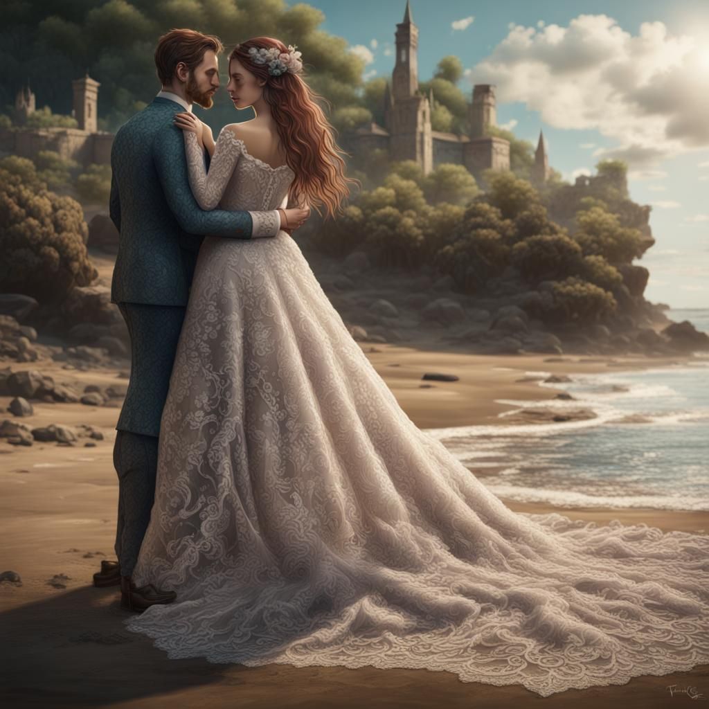 Lace Newlyweds on a Beach: Detailed Matte Painting