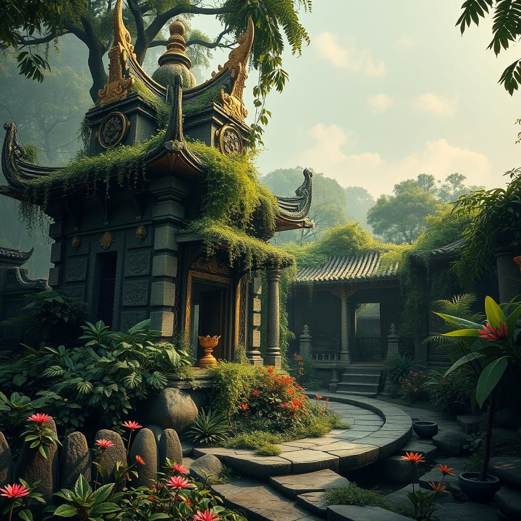 Ancient Asian Temple Lost in Verdant Overgrowth, Golden Acce...
