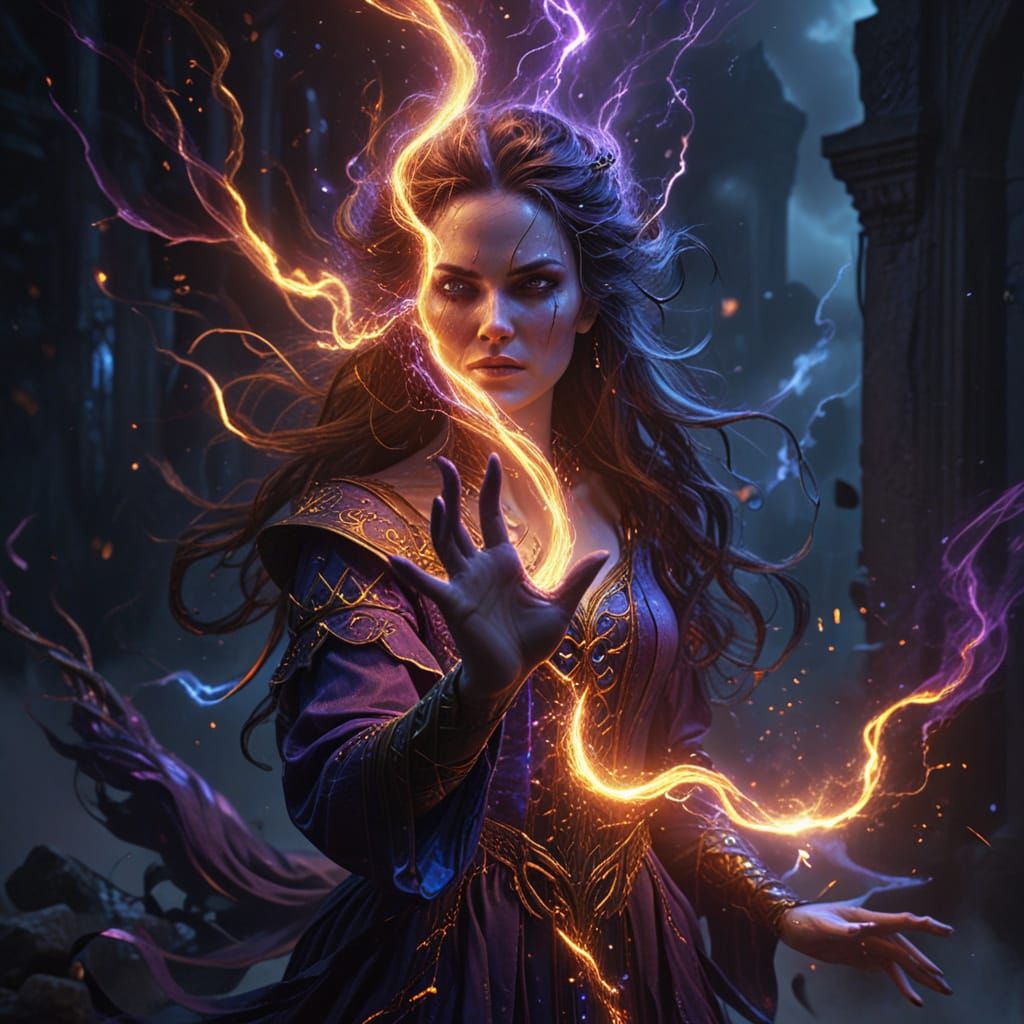 Sorceress Conjures Electric Storm in Neon Hues