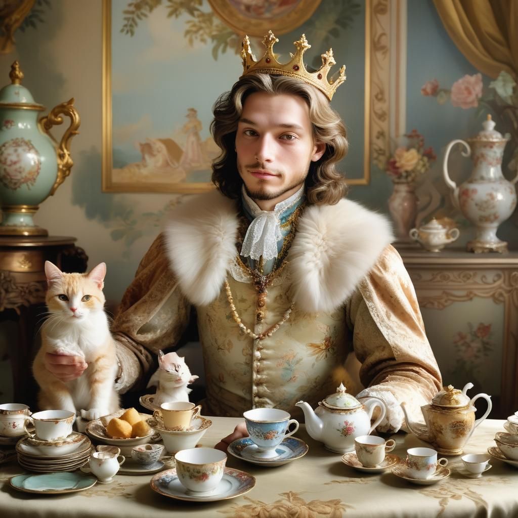 King and Cat Tea Party in Renaissance Style