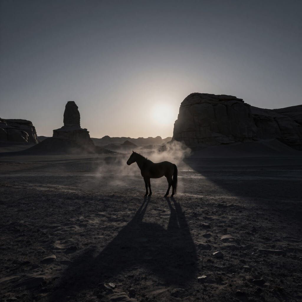 Solitary Horse in Desolate Desert Twilight