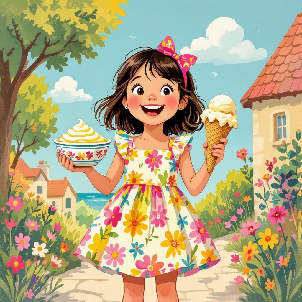 Girl With Custard and Ice Cream in Whimsical Style