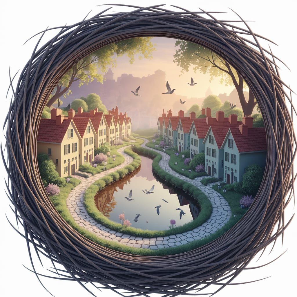 Miniature City in Bird's Nest: Watercolor Fantasy