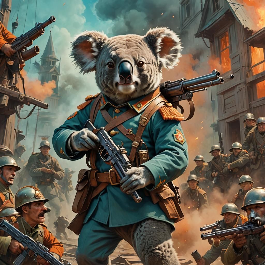 Angry Koala Soldier Reviews Troops: Fantasy Art