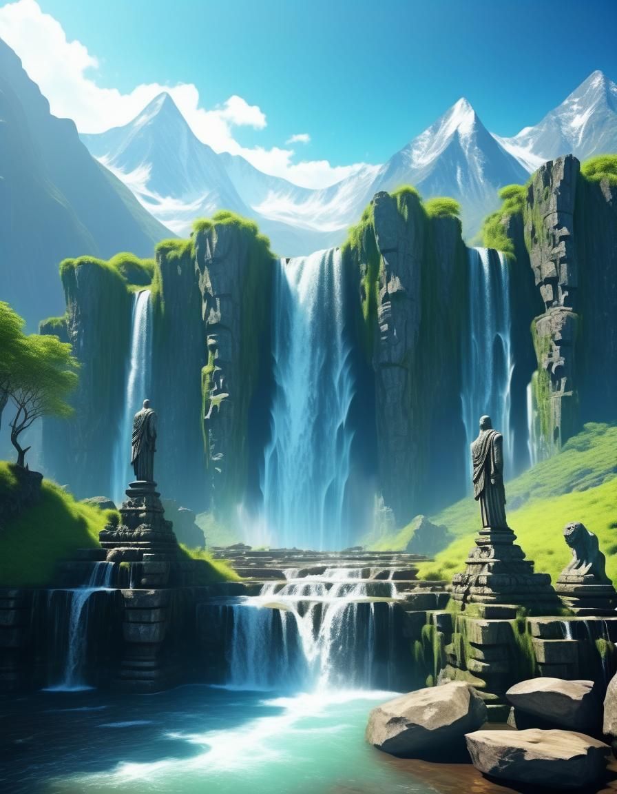 Majestic Waterfalls and Ancient Statues in Fantasy Landscape