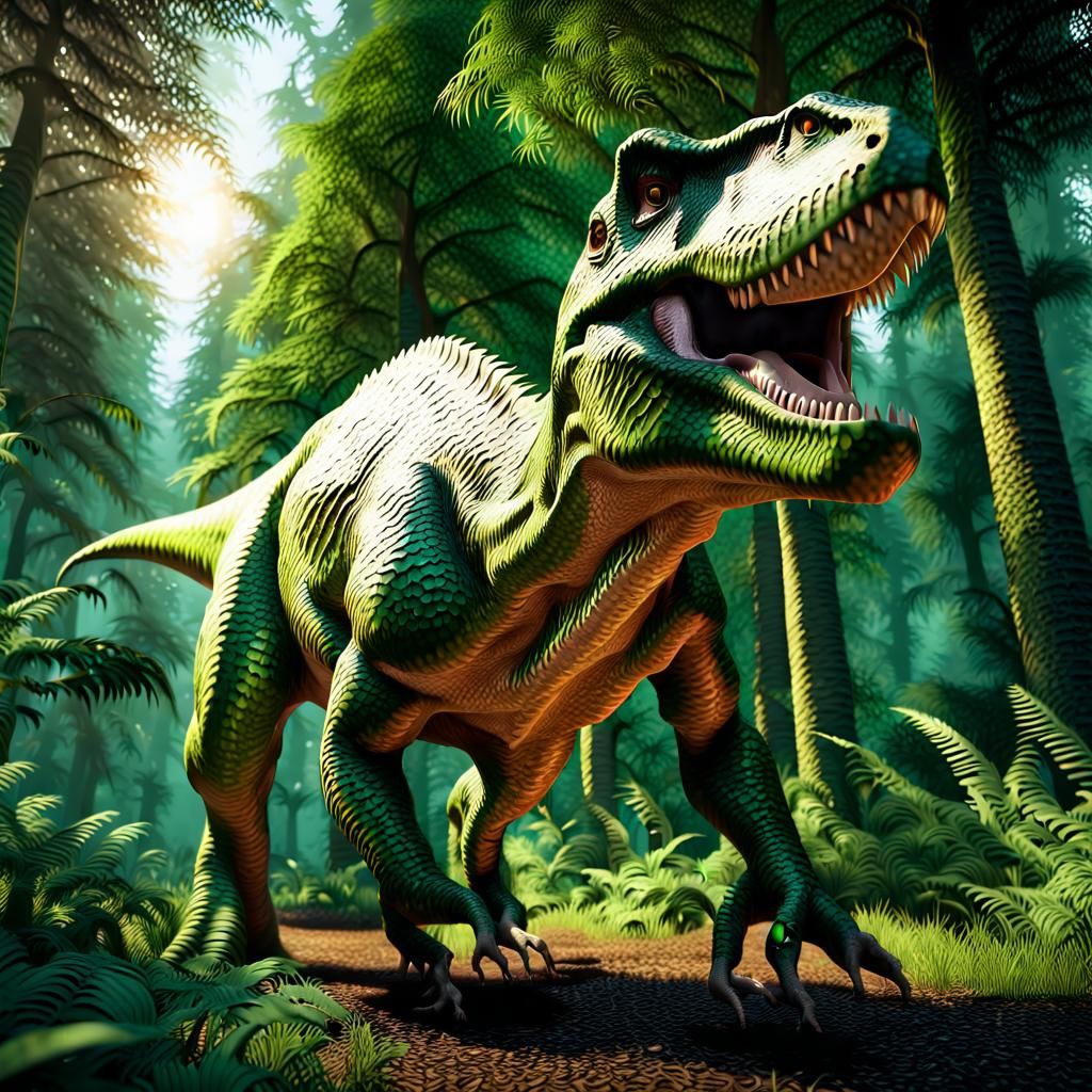 Tyrannosaurus Rex Roams Lush Cretaceous Forest in Vibrant Di...