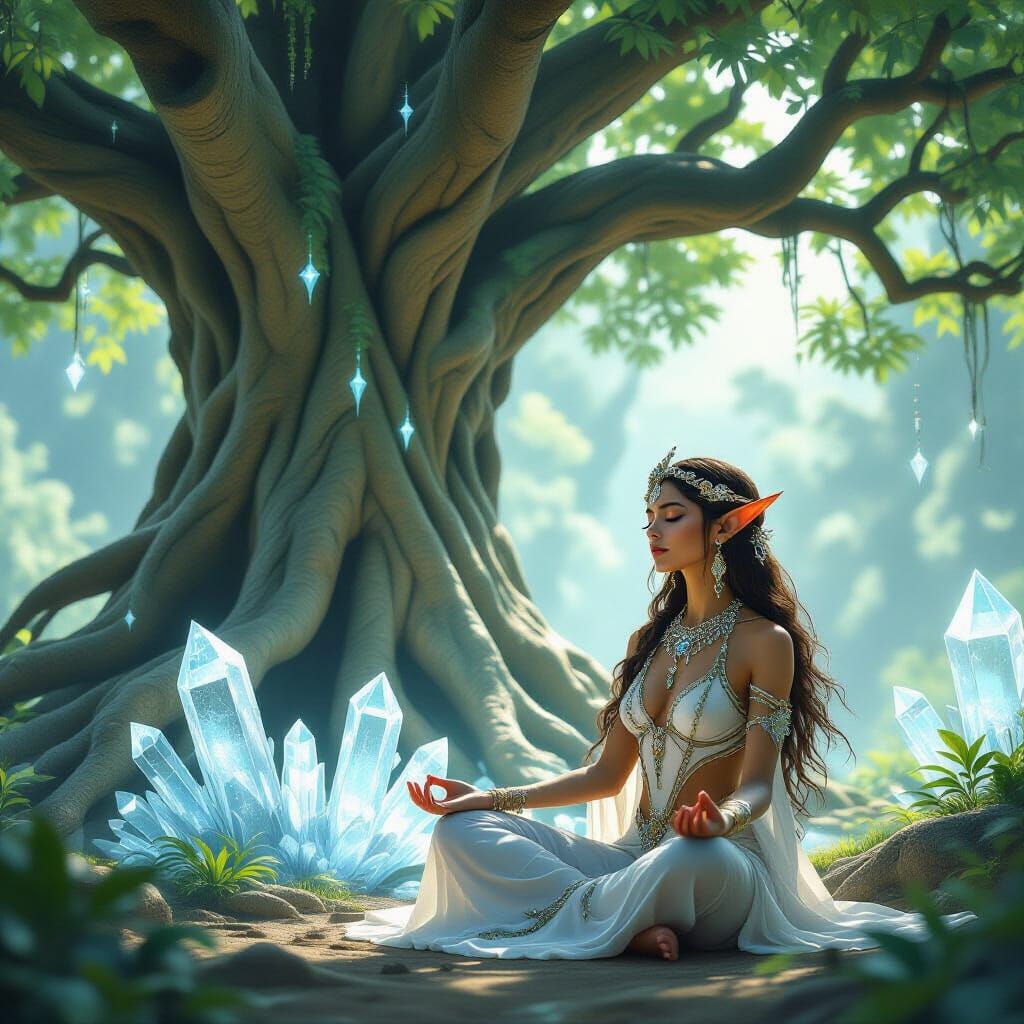 Meditating Elf Woman Under Ancient Tree