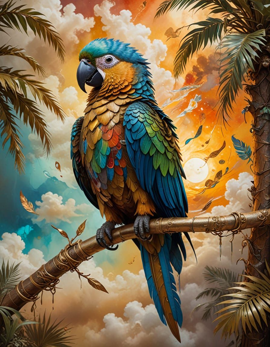 Surreal Pirate Parrot in Golden Alcohol Ink Painting