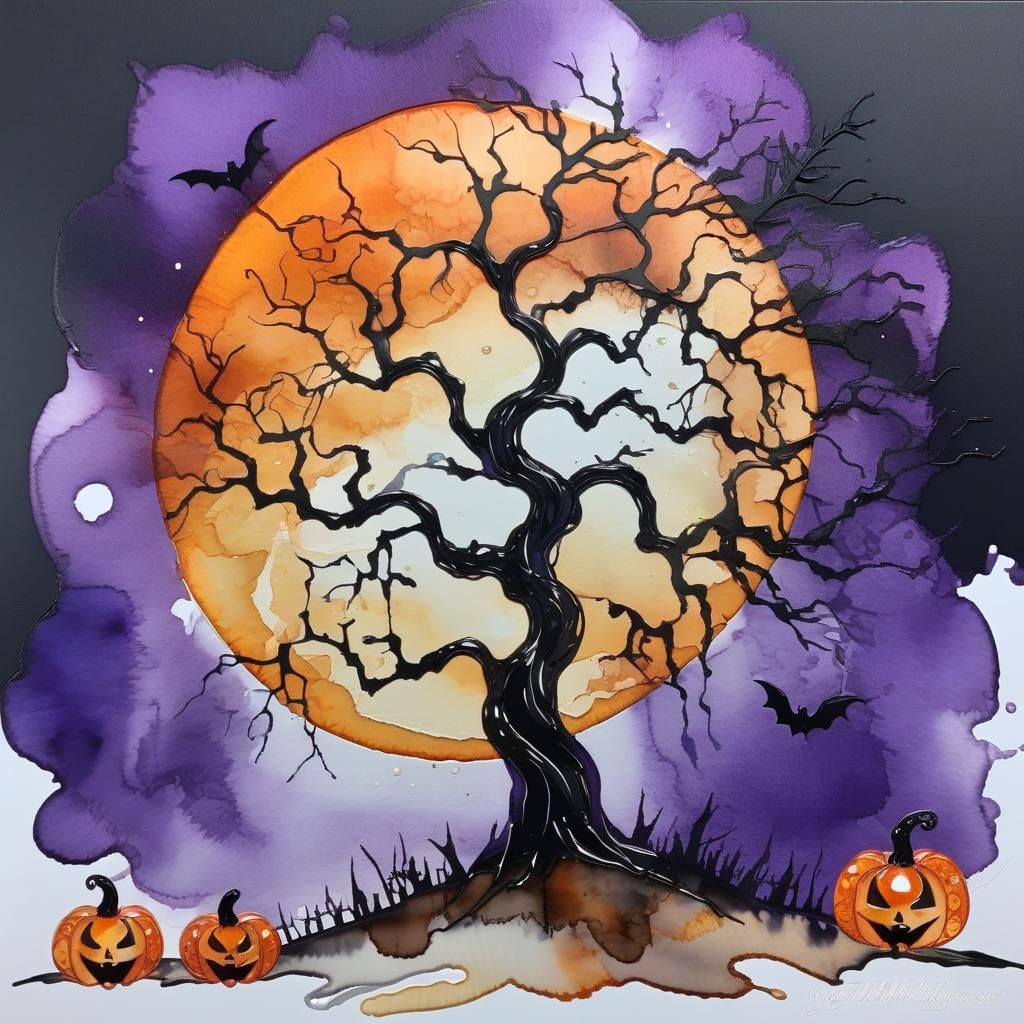 Spooky Pumpkin Tree in Romantic Alcohol-Ink Style
