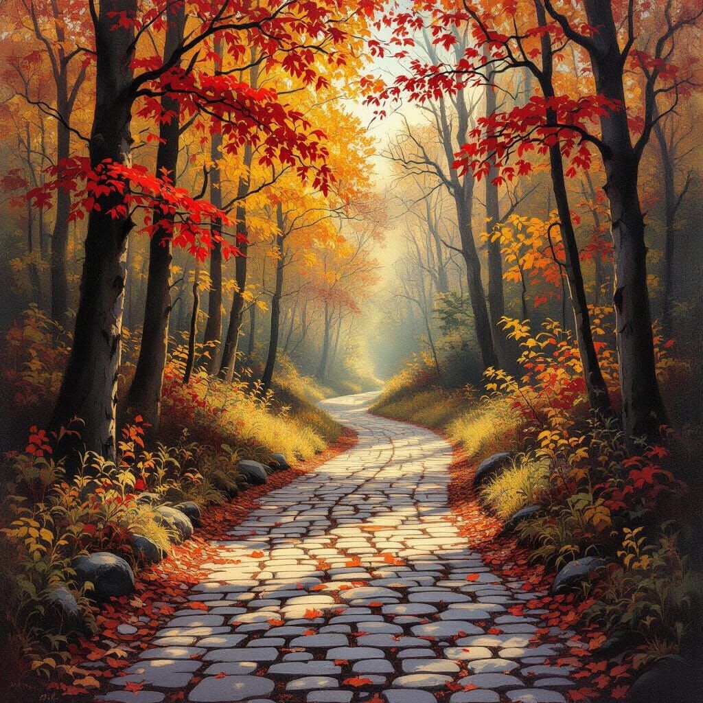 Autumn Forest Path in Realistic Oil Painting Style