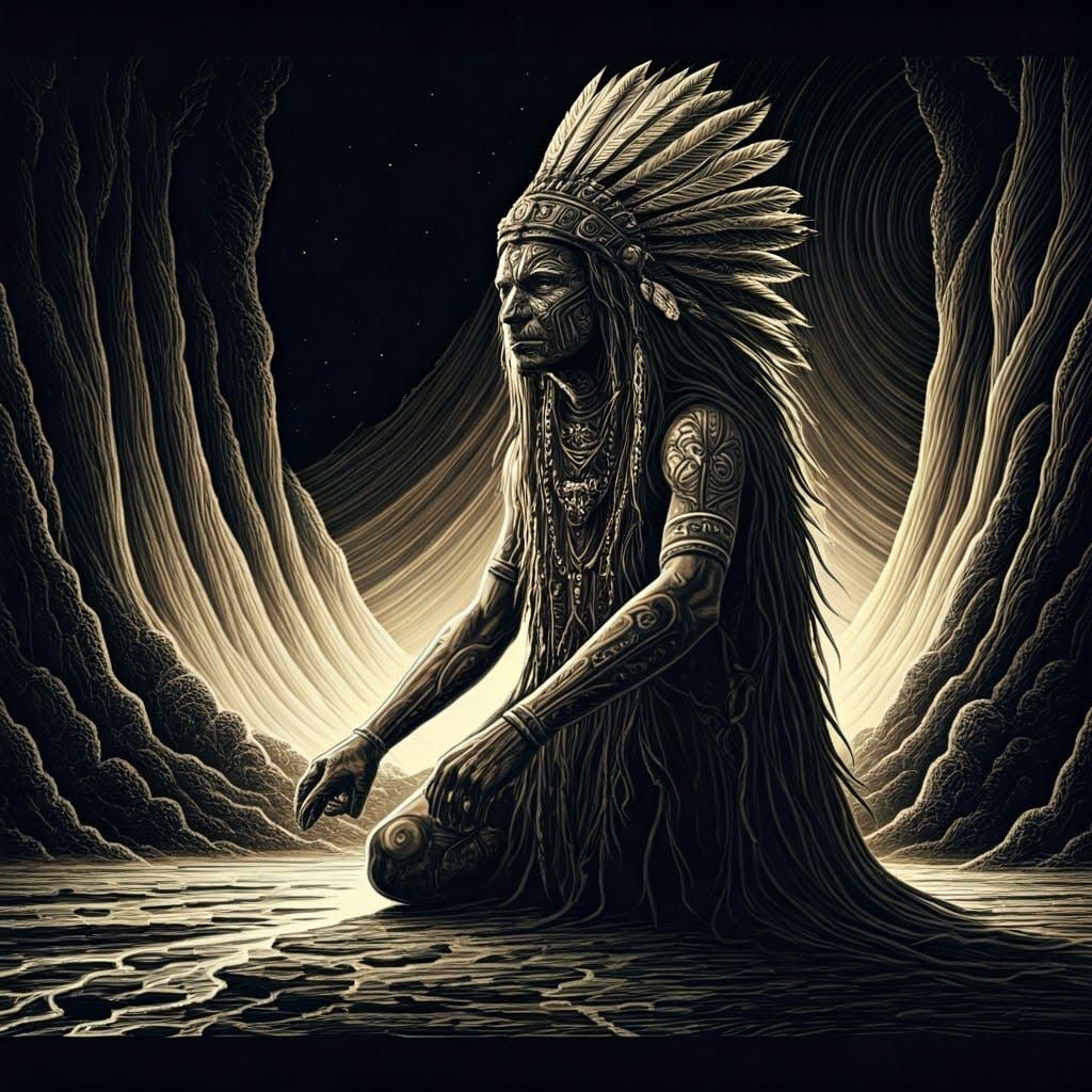 Witch Doctor Vision Quest in Scratchboard Ink Style