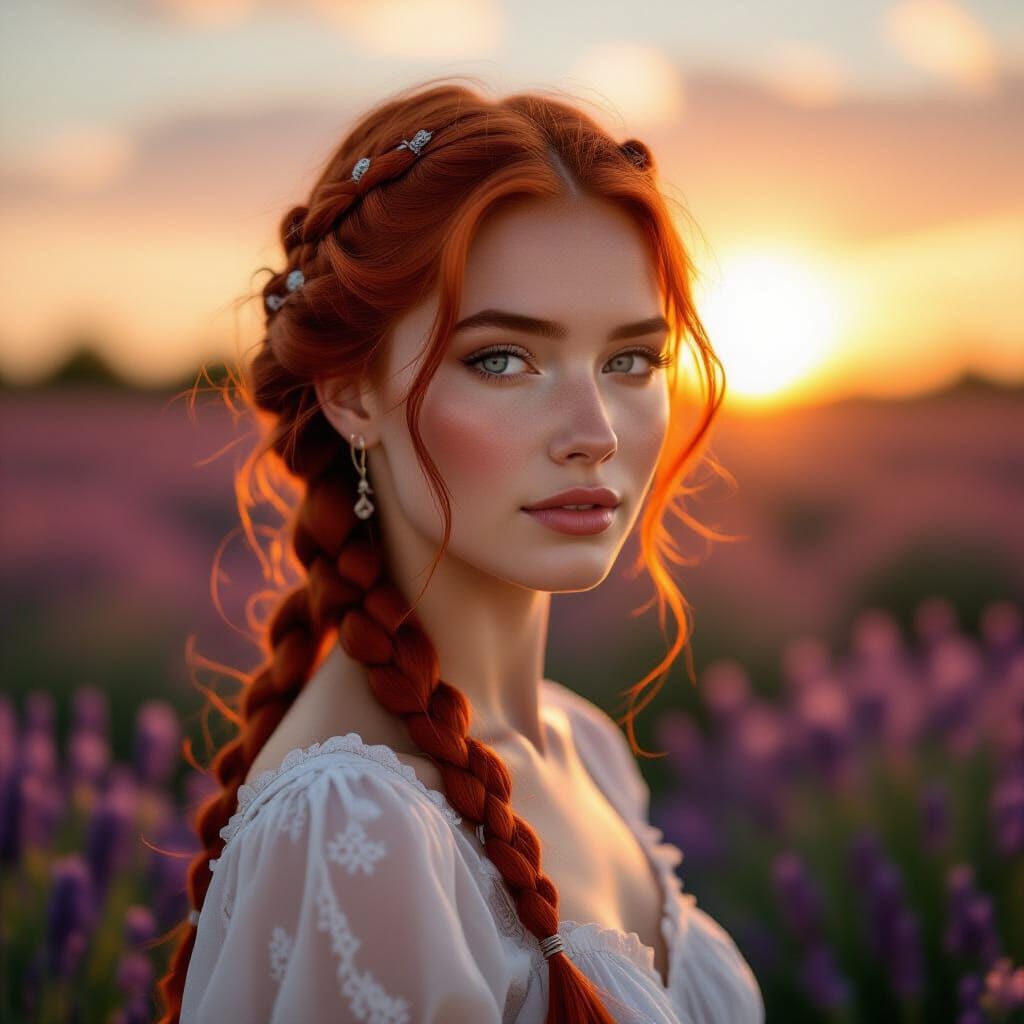 Woman with Red Hair in Lavender Field, Hyperrealism