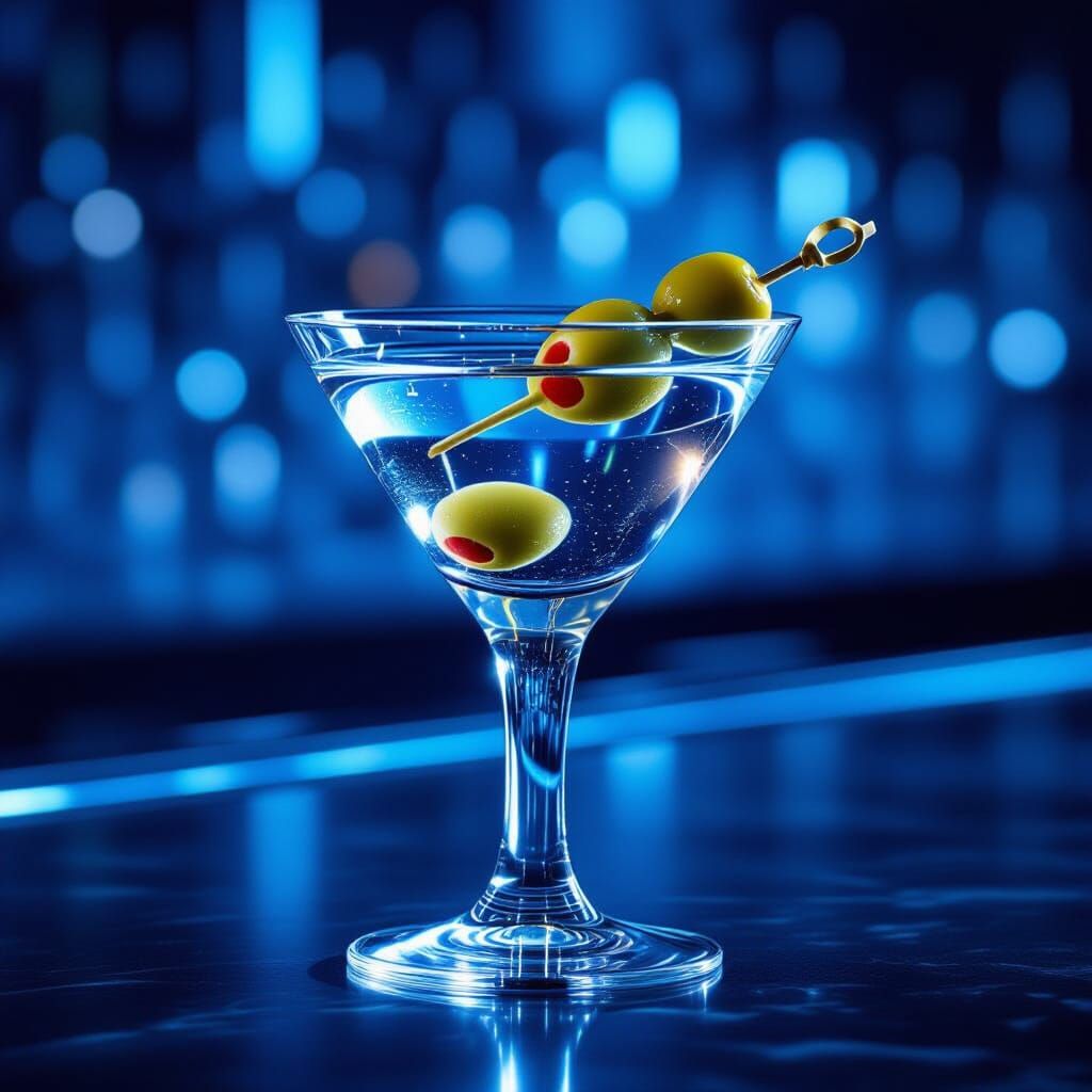 Crystal Clear Martini with Olives on Dark Bar