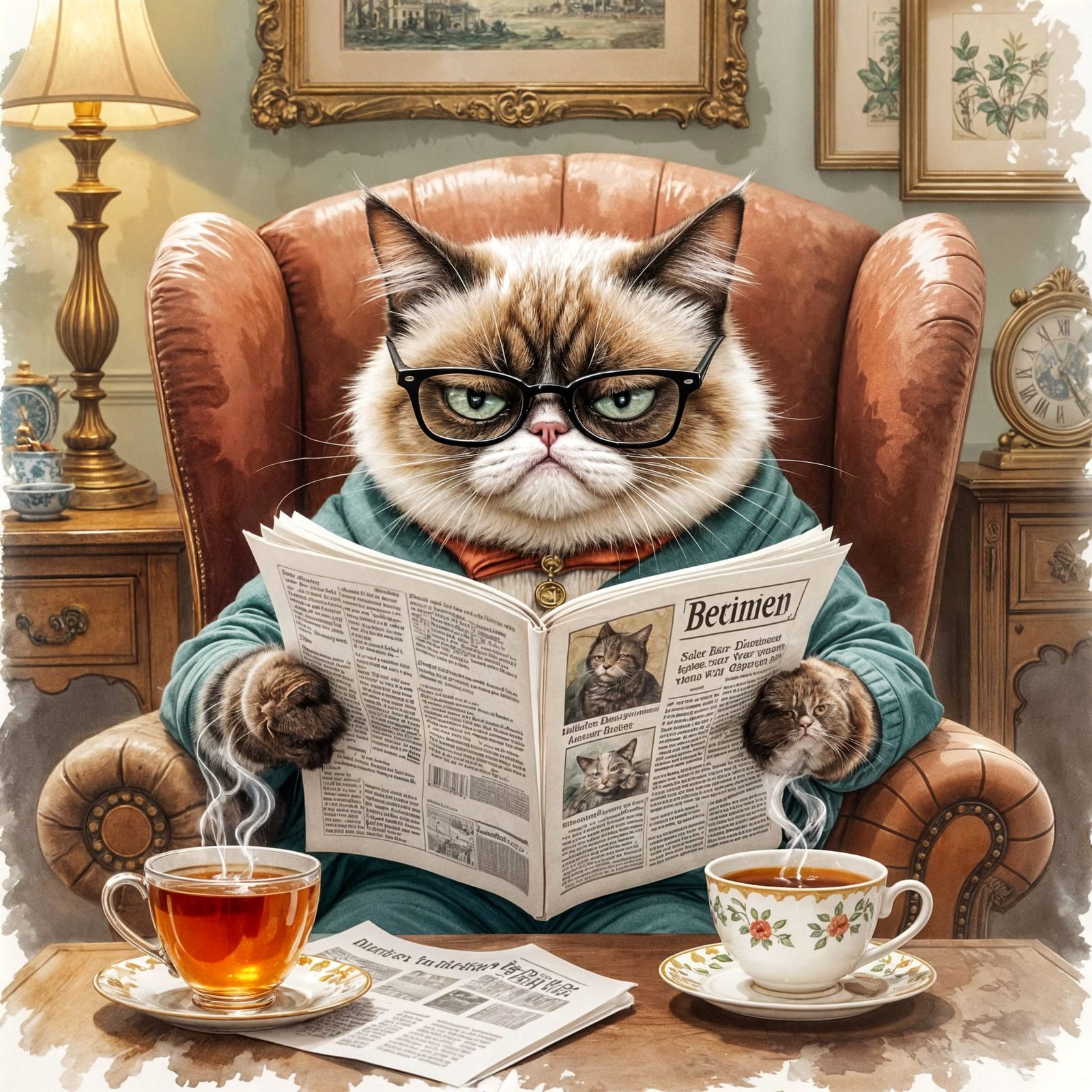 Grumpy Cat Reads Newspaper in Cozy Watercolor Room