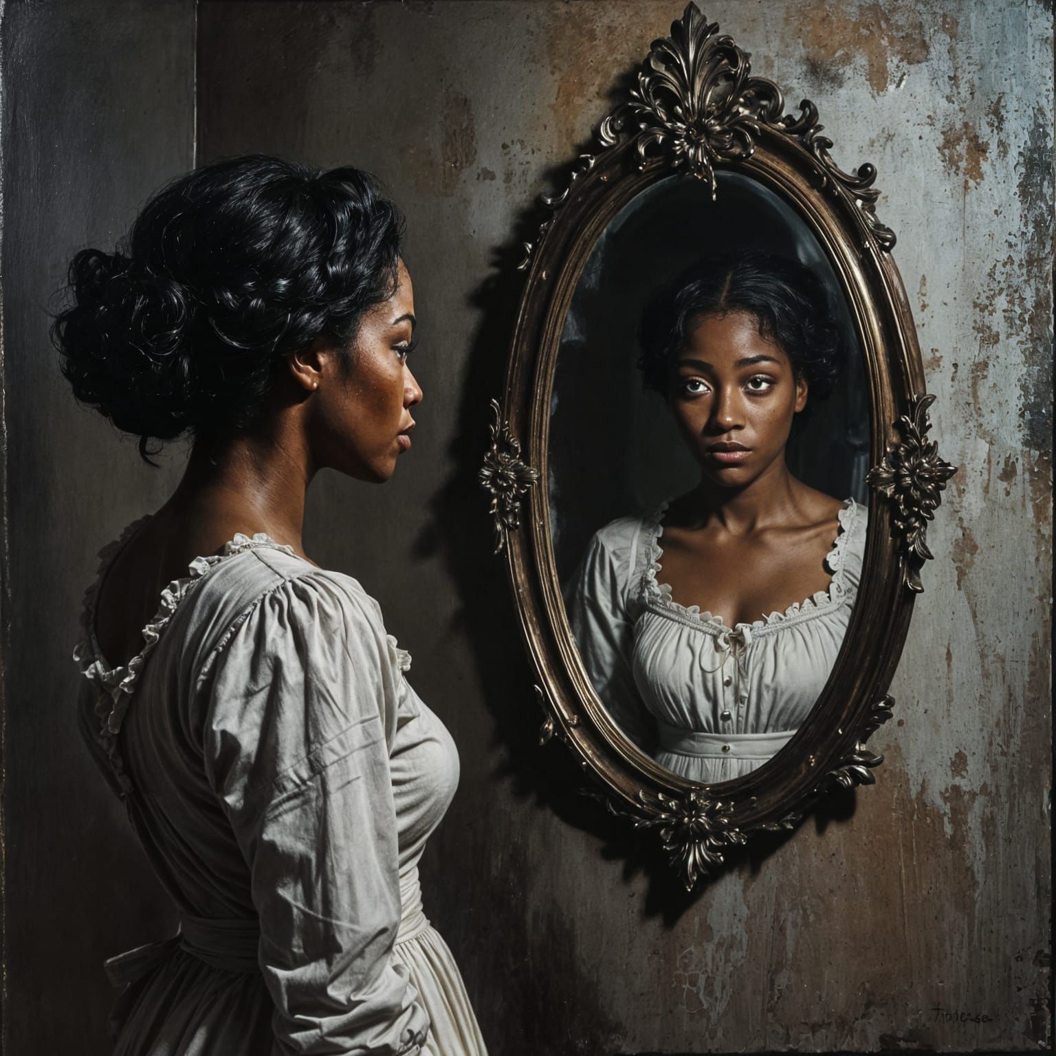 Haunting Portrait of African American Woman in Horror Style