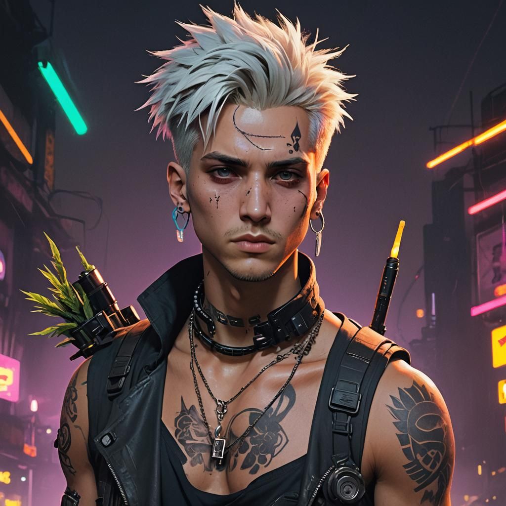 Cyberpunk Teen with Spiked Hair and Neon Weed Leaves