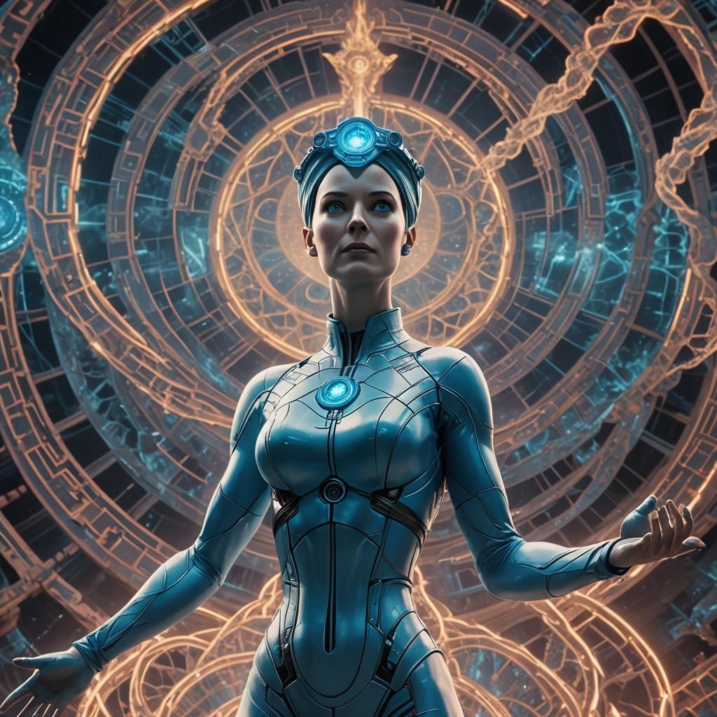 Female Dr. Manhattan in Fractal Landscape