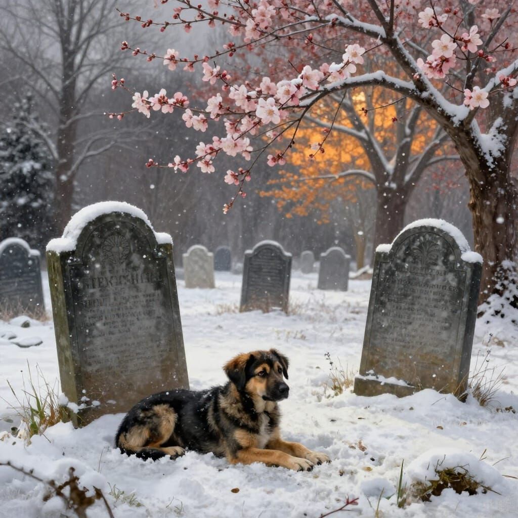 Grieving Dog Bridges Winter and Spring in Old Graveyard