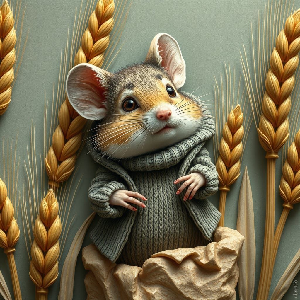 Doormouse in Wheat, Bas Relief Style Illustration