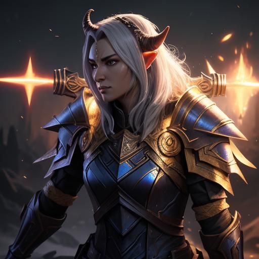 tiefling conquest paladin in dark armor, wielding a spear an...