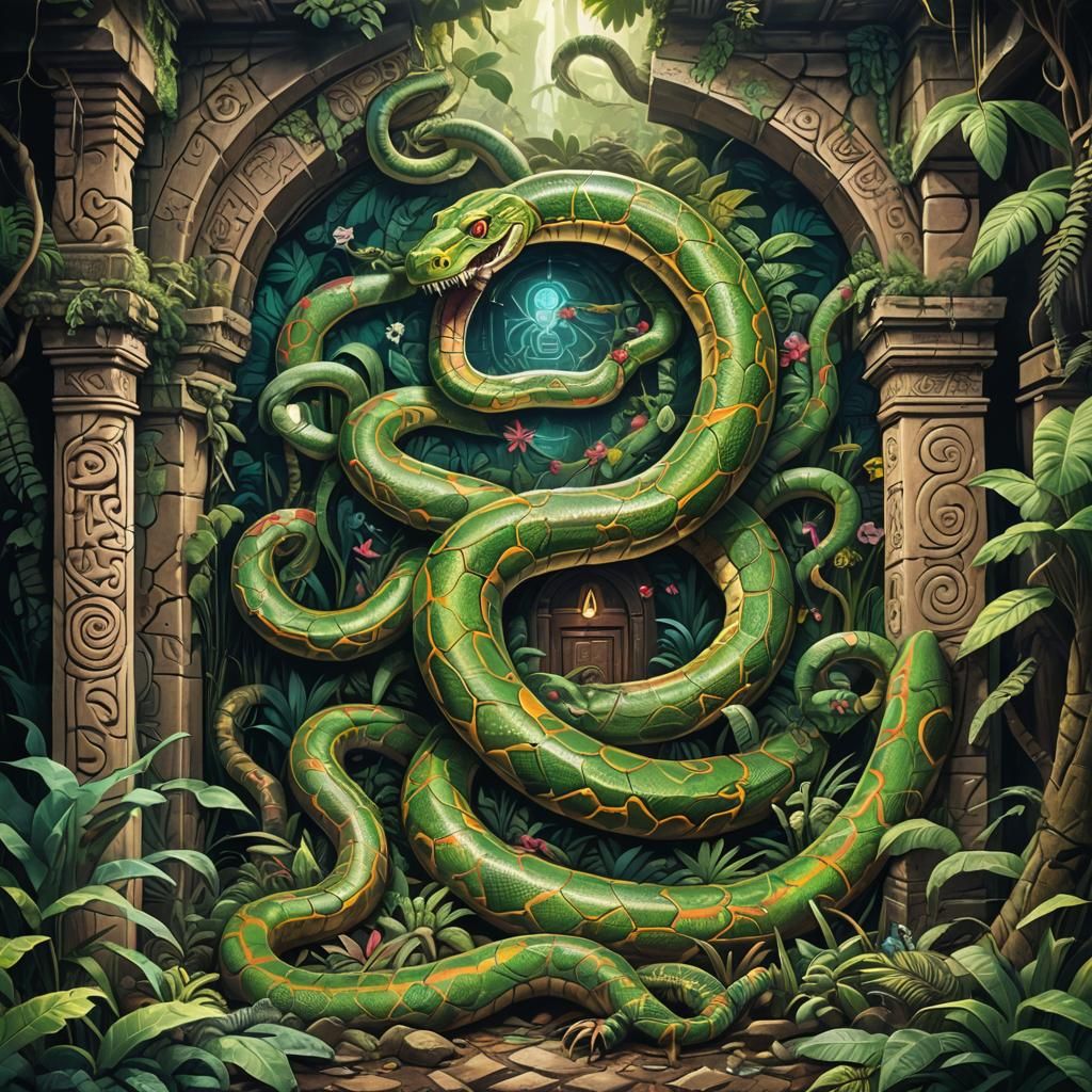hidden temple guarded by an enormous snake