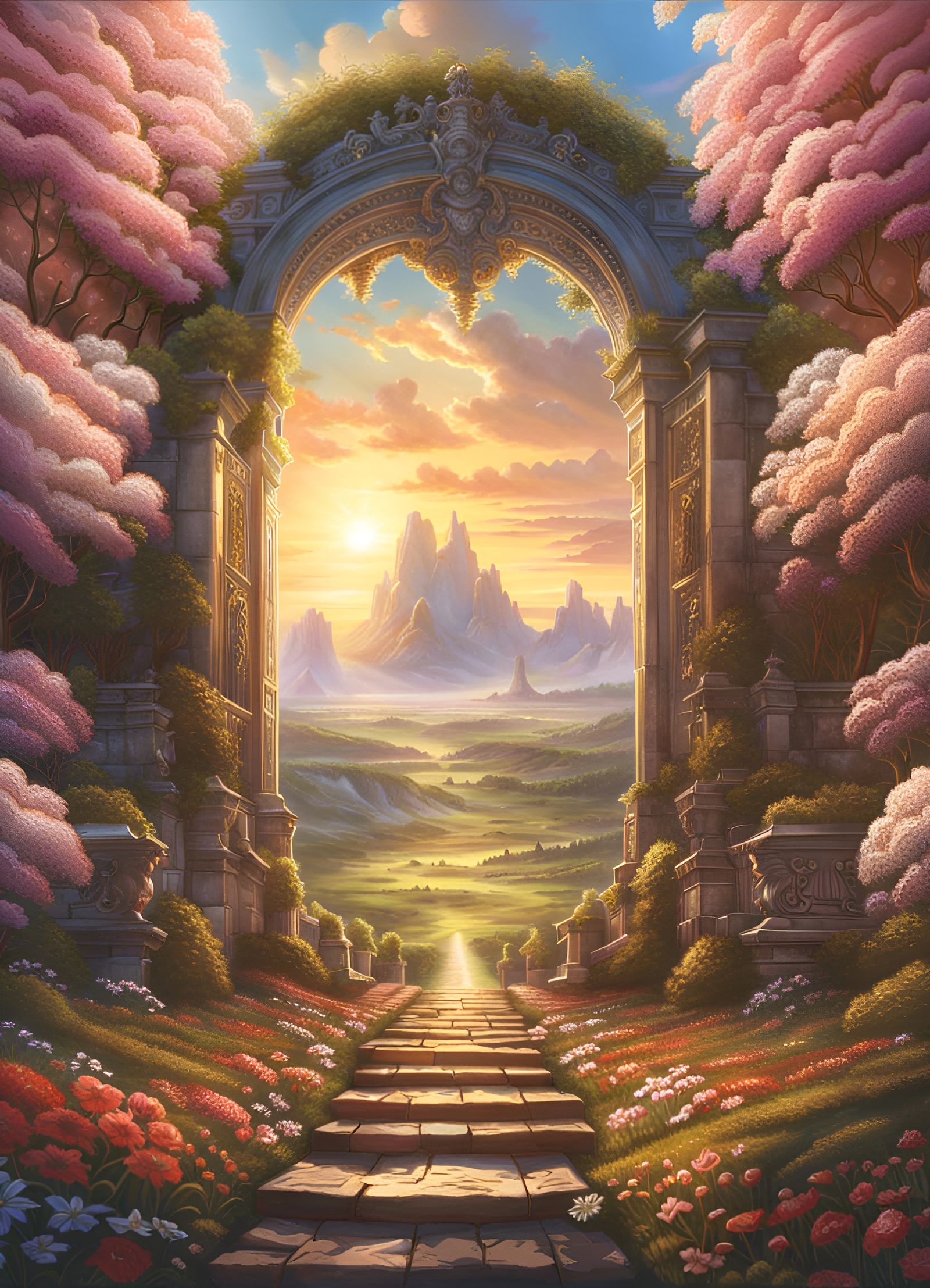 Heavenly Paradise Gate Amidst Flowerfields, Digital Art
