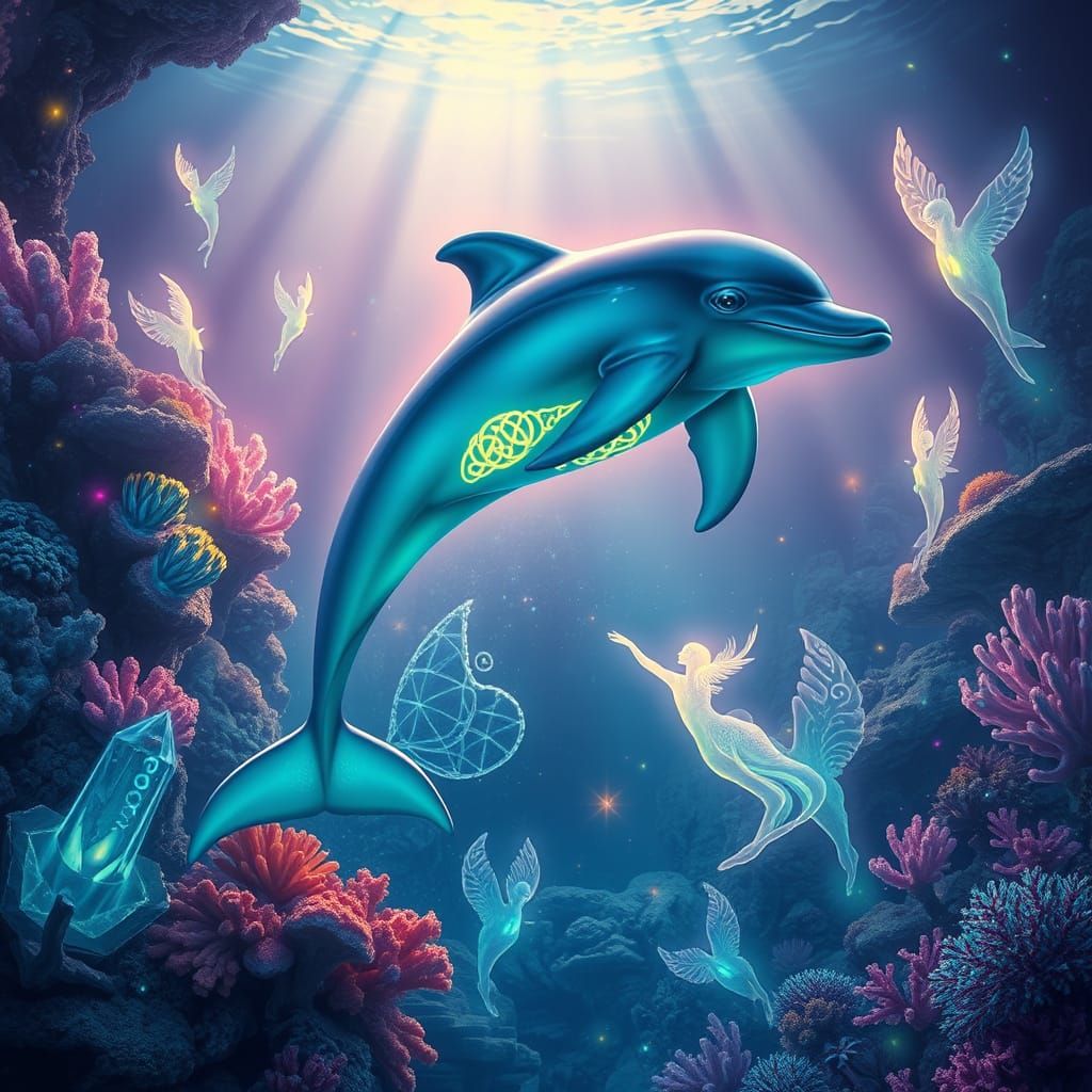 Glowing Dolphin in Celtic-Inspired Underwater Scene