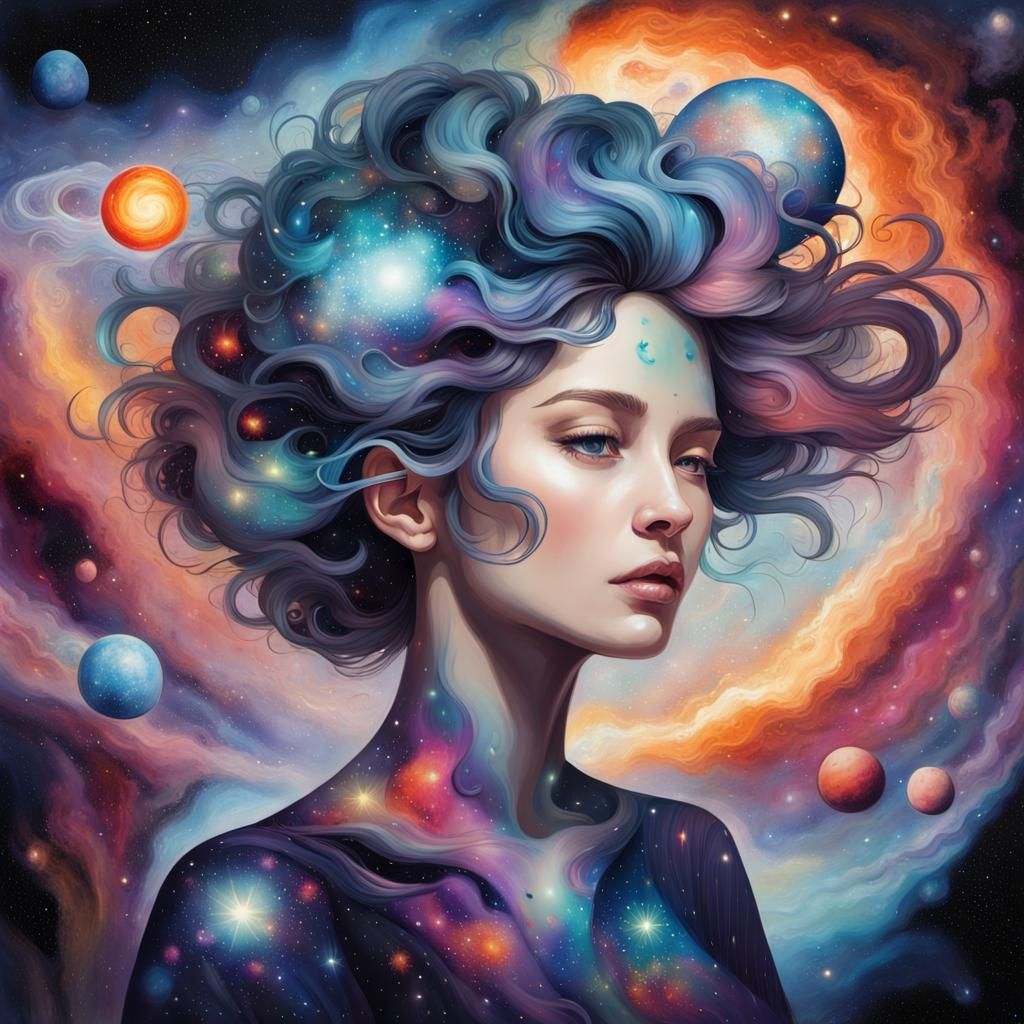 Cosmic Woman in Celestial Painting with Nebula