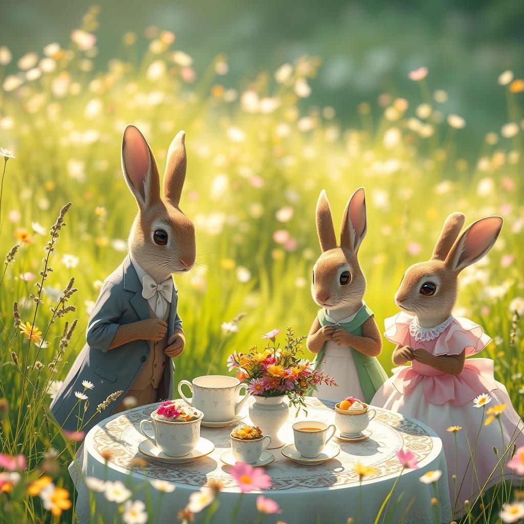 Victorian Rabbits' Tea Party in Ghibli Style