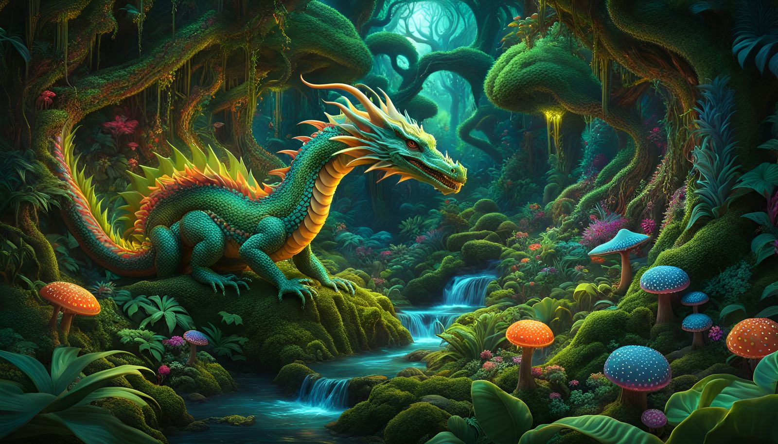 Psychedelic Jungle Dragon in High Fantasy Style