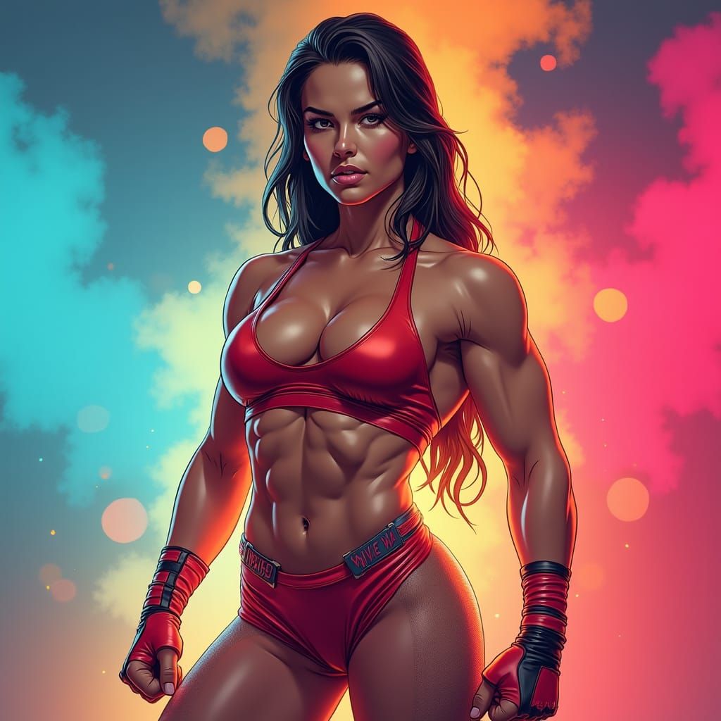 Muscular Female Wrestler in Hyperrealistic Comic Style