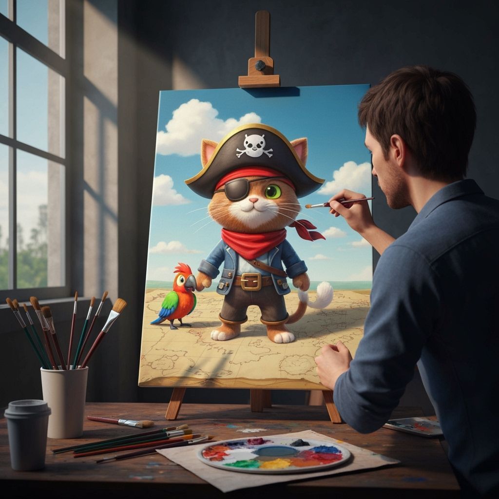 Artist Painting 3D Cartoon Pirate Cat on Canvas