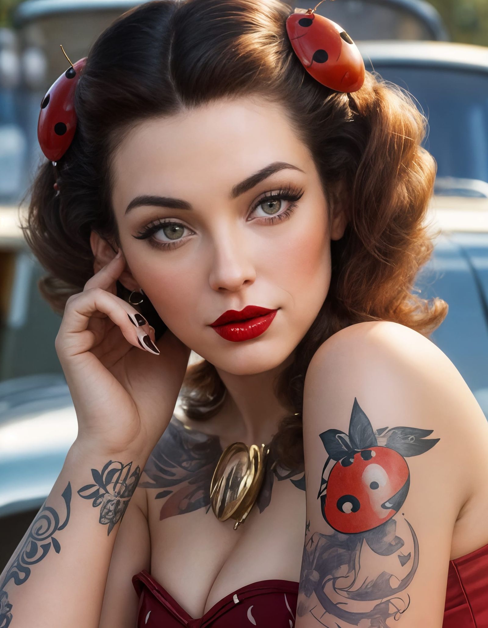 Cute Pinup Model with Ladybug Tattoos