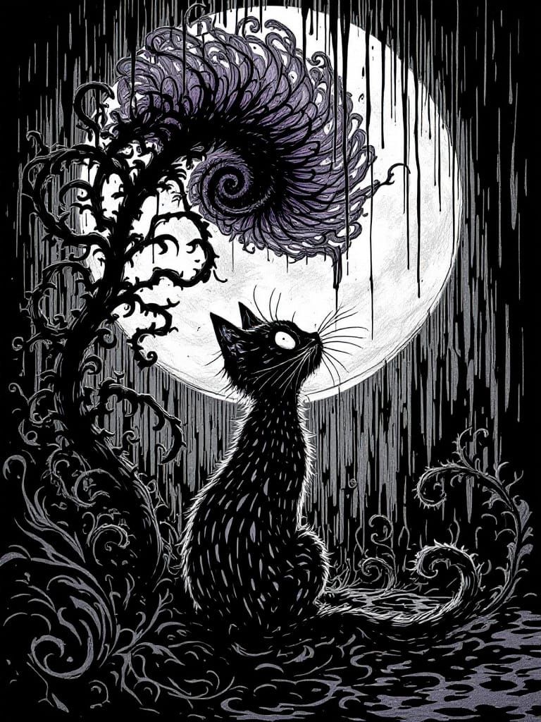 Gothic Carnival Cat Under Flower, Black and White