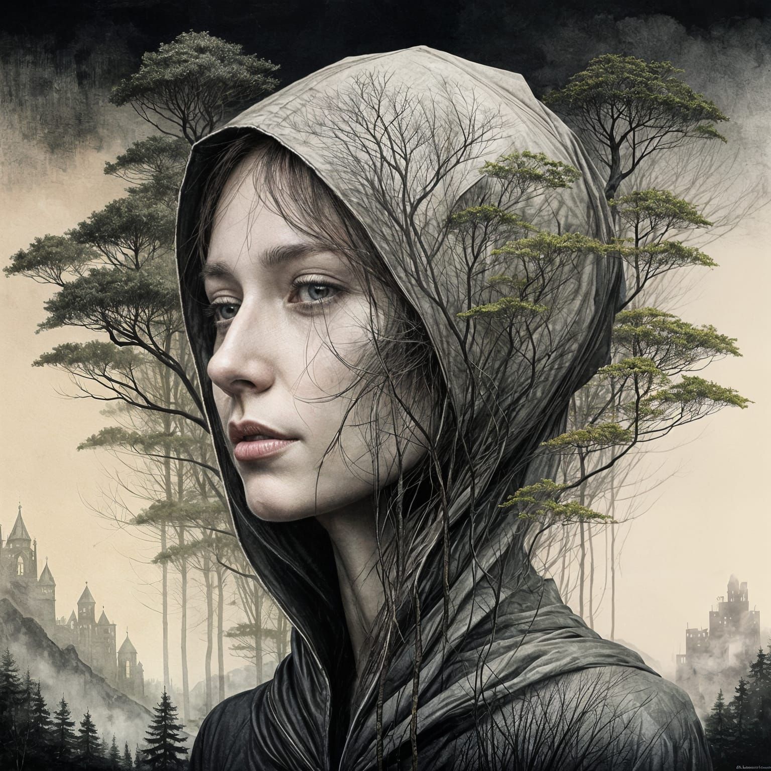 Hooded Figure Double Exposure Landscape: Mixed Media Art