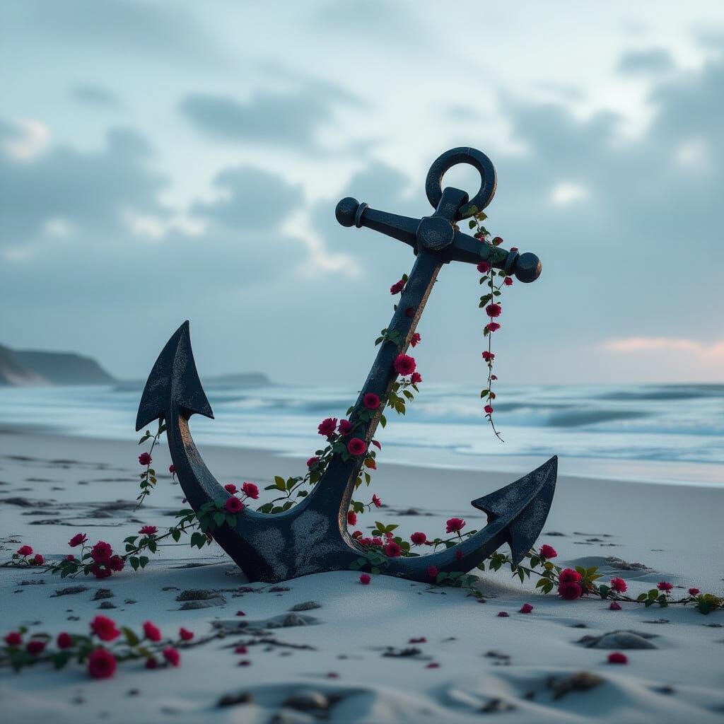 Weathered Anchor Reclaimed by Roses on Desolate Beach
