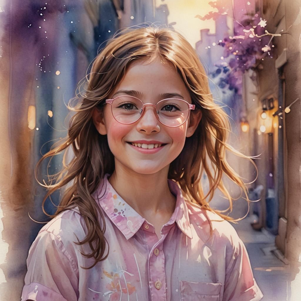 Dreamy Portrait of Smiling Girl in Watercolor Style