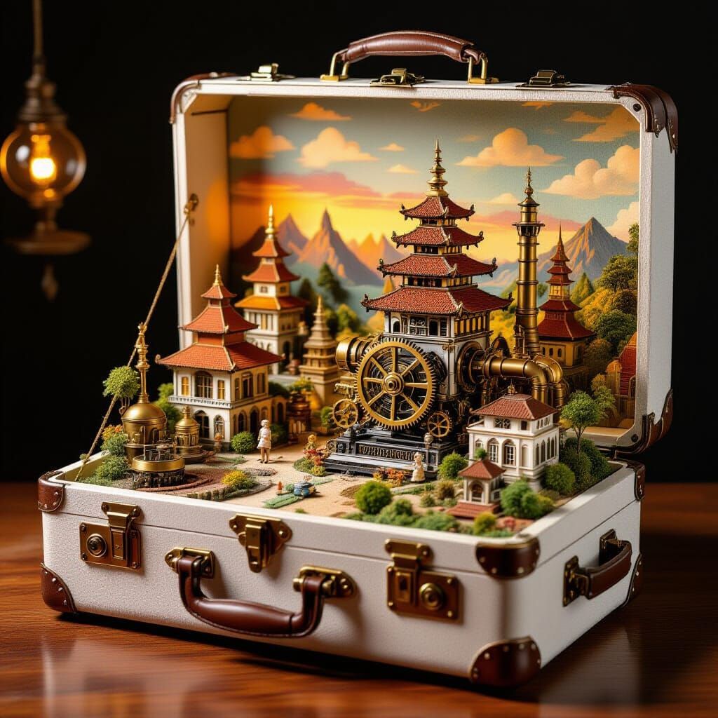 Indonesian Diorama Inside Vintage Suitcase with Steampunk El...