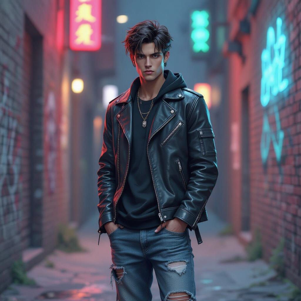 Cool Kid in Gritty Neon Alleyway