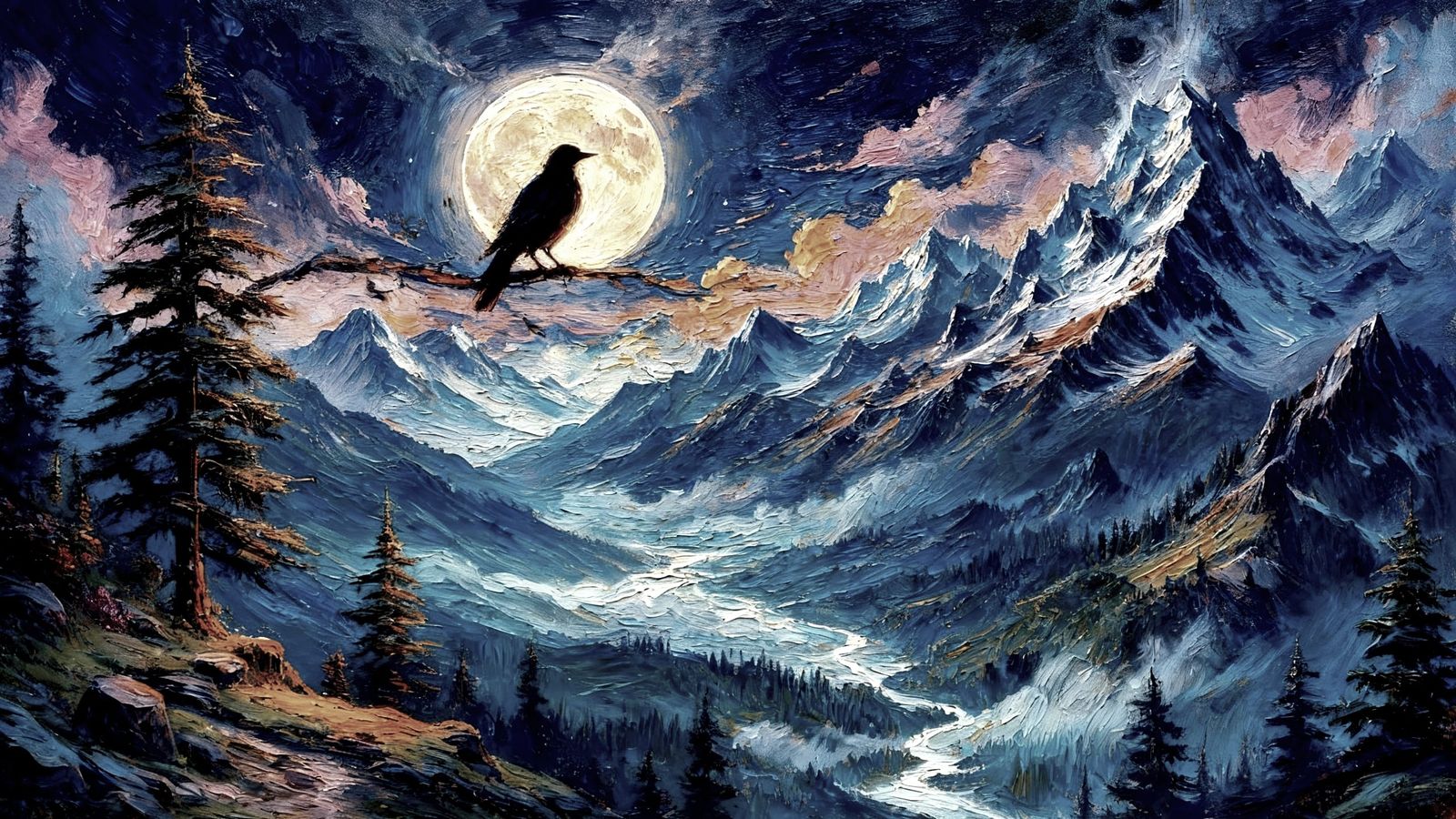 Impressionist Night Scene: Solitary Bird in Moonlight