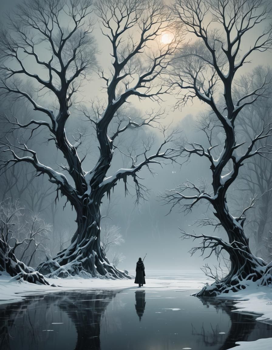 Lone Figure in Frosty Winter Wonderland Scene
