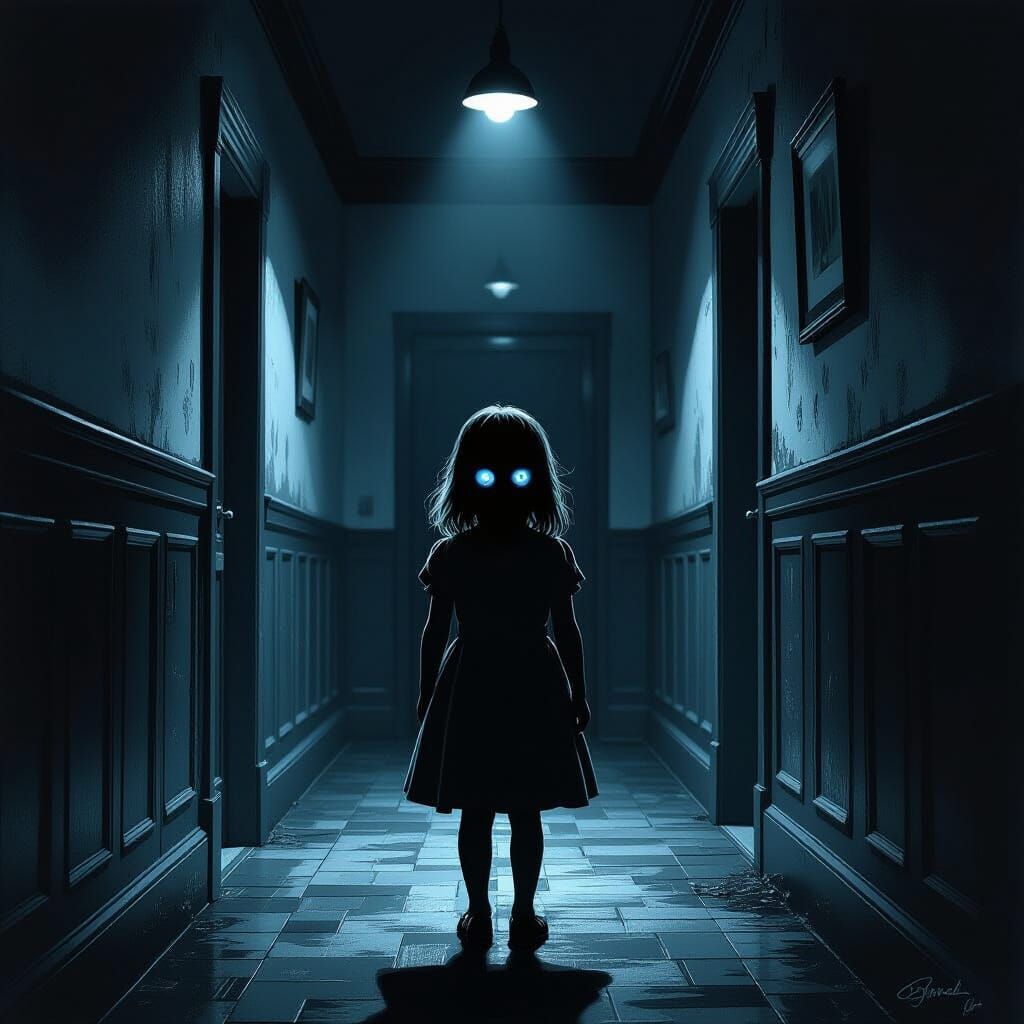 Scared Little Girl in Dark Hallway, Surreal Horror Digital P...