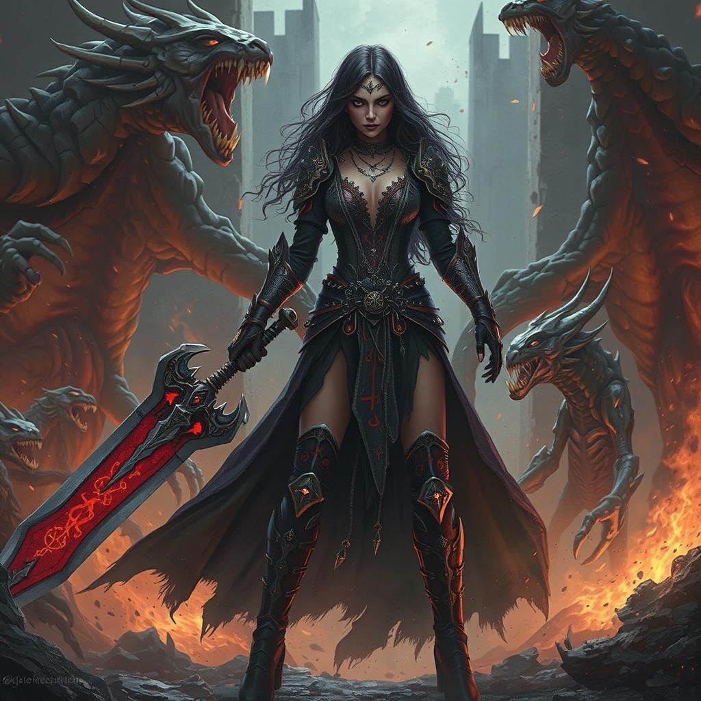 Dark Fantasy Warlock Battles Hell Beasts in 80s Style