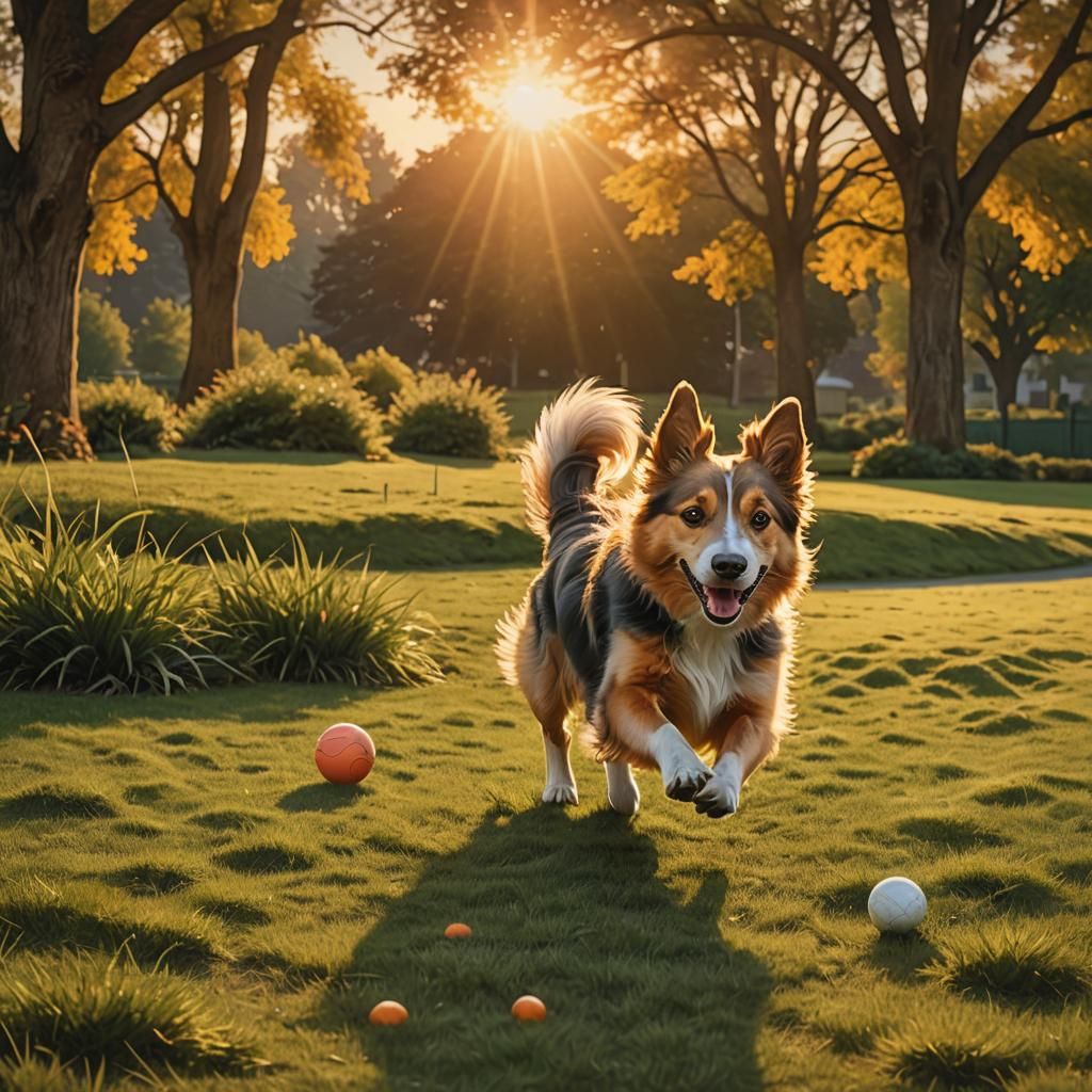 Dog Playing at Sunset: Whimsical Fantasy Matte Painting