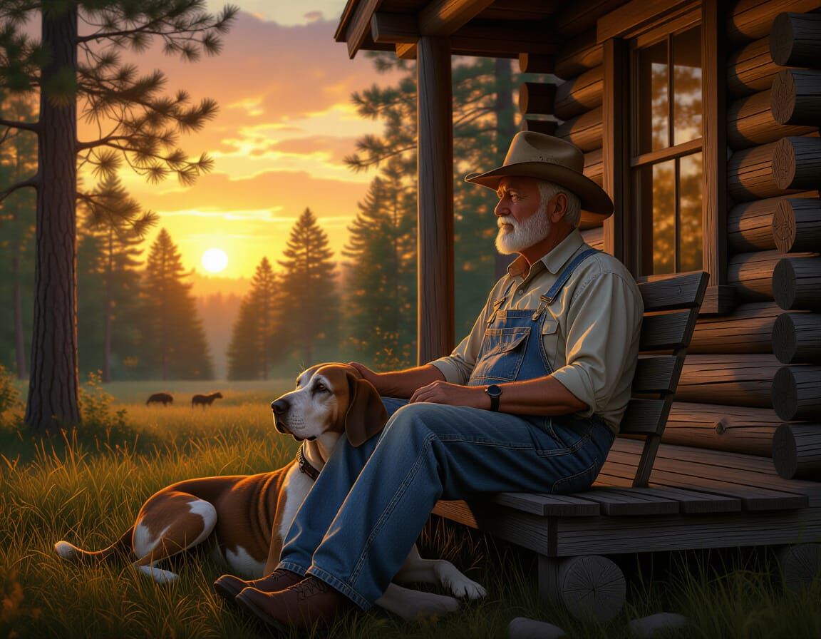 Old Man and Hound Watch Sunset at Rustic Cabin