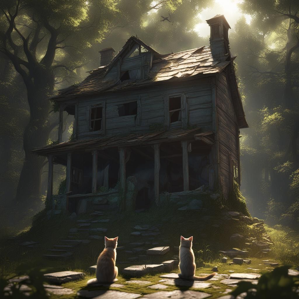 Cats in Abandoned House: 3D Rendered Scene