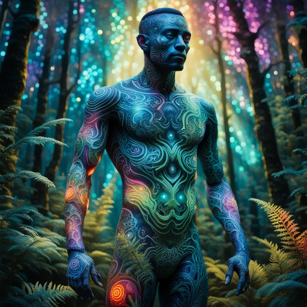 Humanoid Figure with Glowing Tattoos in Vibrant Forest