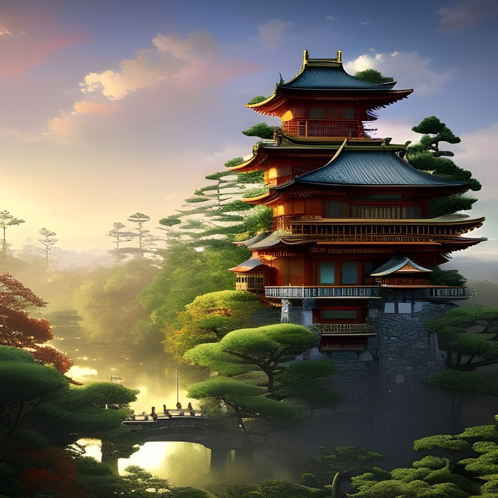 Fantasy Treehouse Castle: Digital Ukiyo-e Illustration