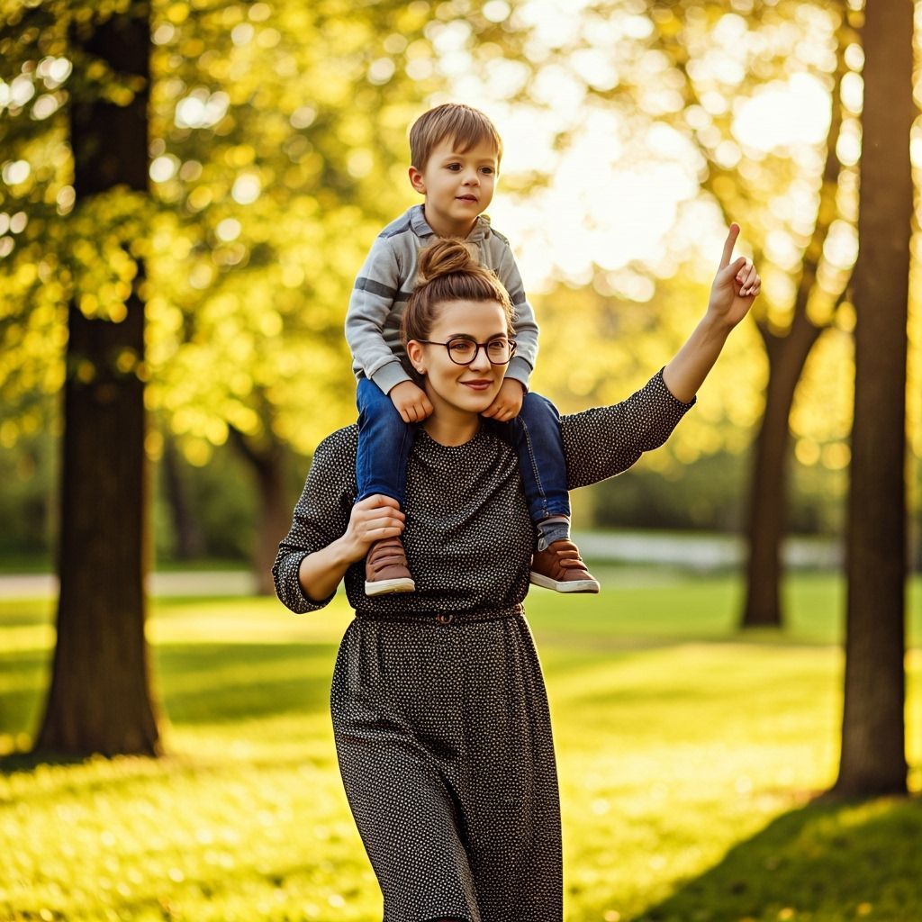 Woman Carrying Boy in Sun-Drenched Park at Golden Hour
